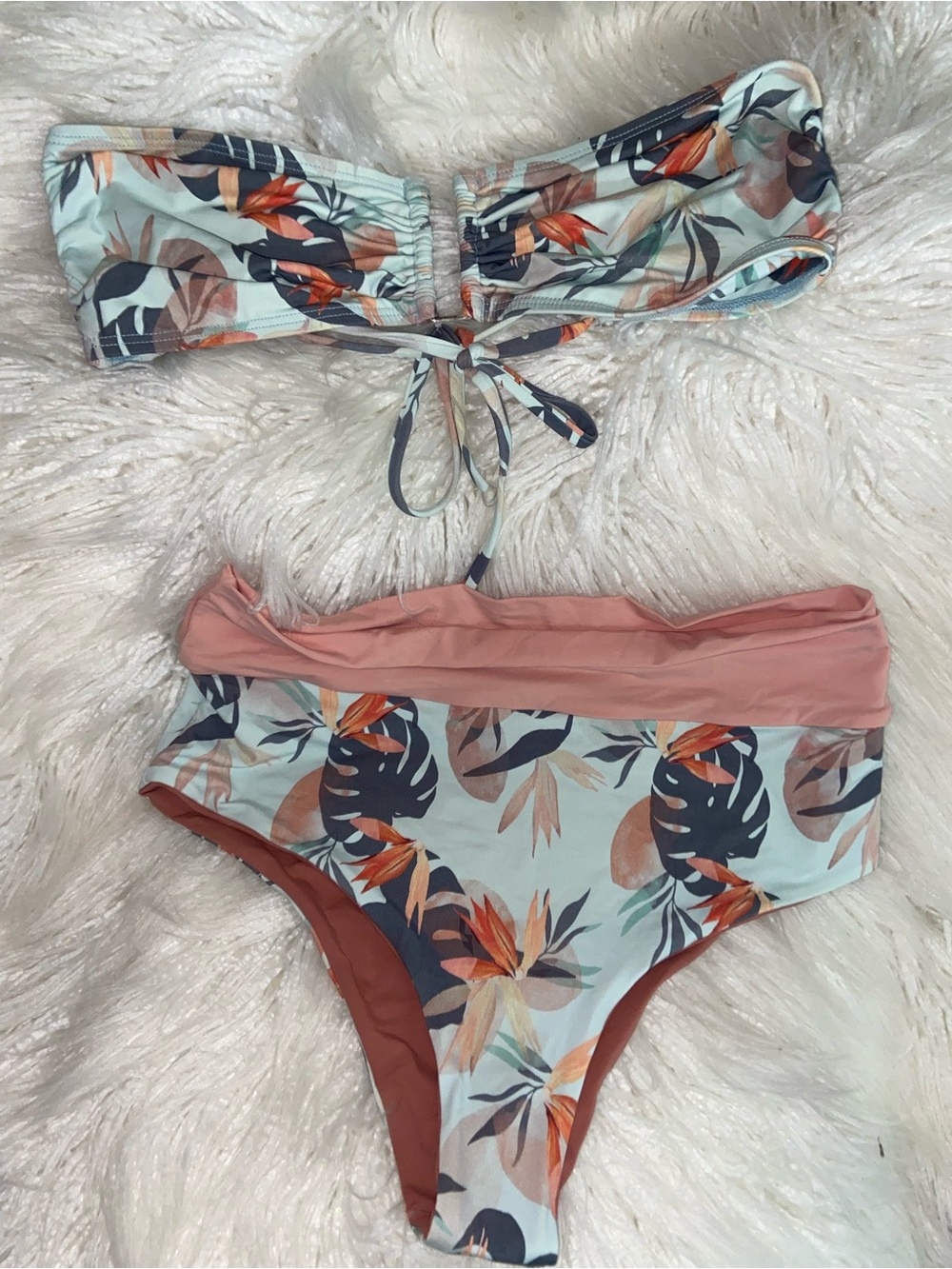 Tropical Bandeau High-Waist Bikini Set - Pink & Blue